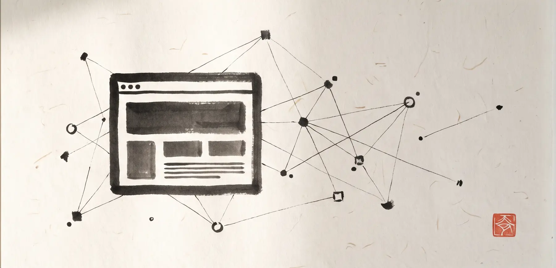 A sumi-e ink painting: a business website's browser frame in the foreground, connected by thin ink lines to a quiet background network of specialized agent nodes, stamped with a single red seal.