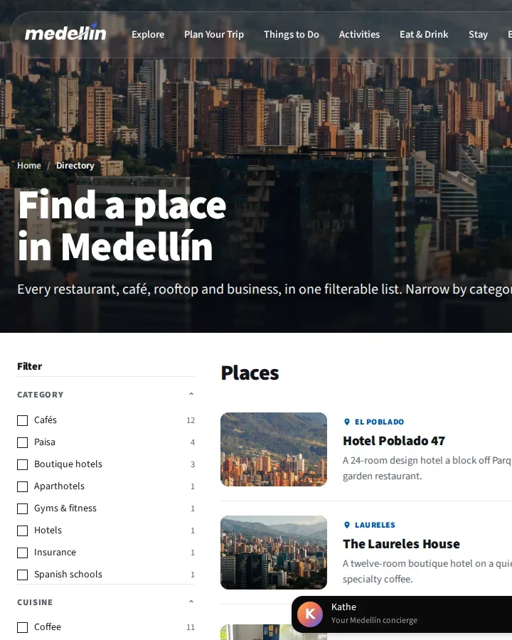 Medellin.co business directory, filterable by category and neighbourhood