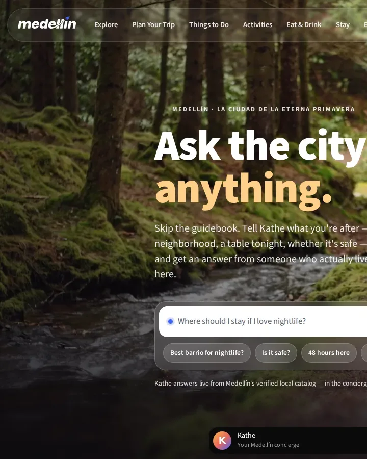 Medellin.co homepage with the Kathe AI concierge