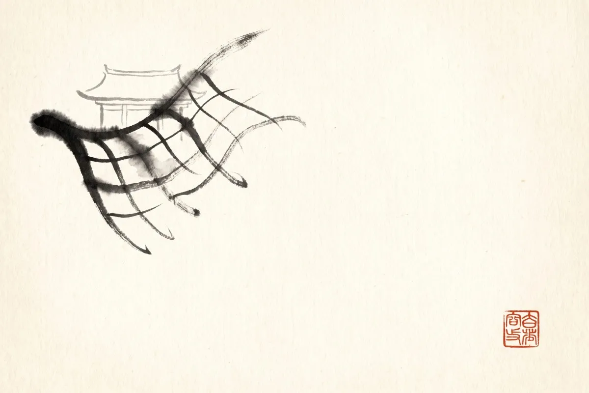 An ink-brush net with torn strands drifts over a faint temple roof on cream paper, red seal at lower right.