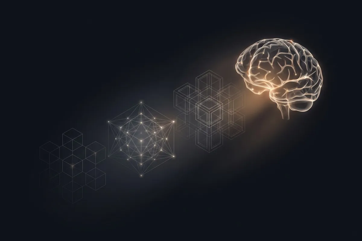 A glowing wireframe brain sits to the right of geometric cube outlines and a connected-node polyhedron on a dark background.