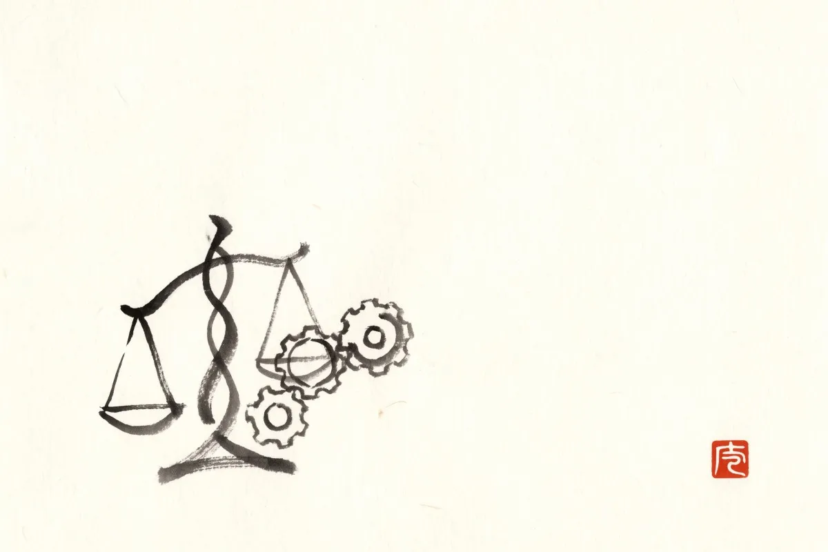 A sumi-e drawing of balanced scales beside three interlocking gears on washi paper, with a red seal at right.