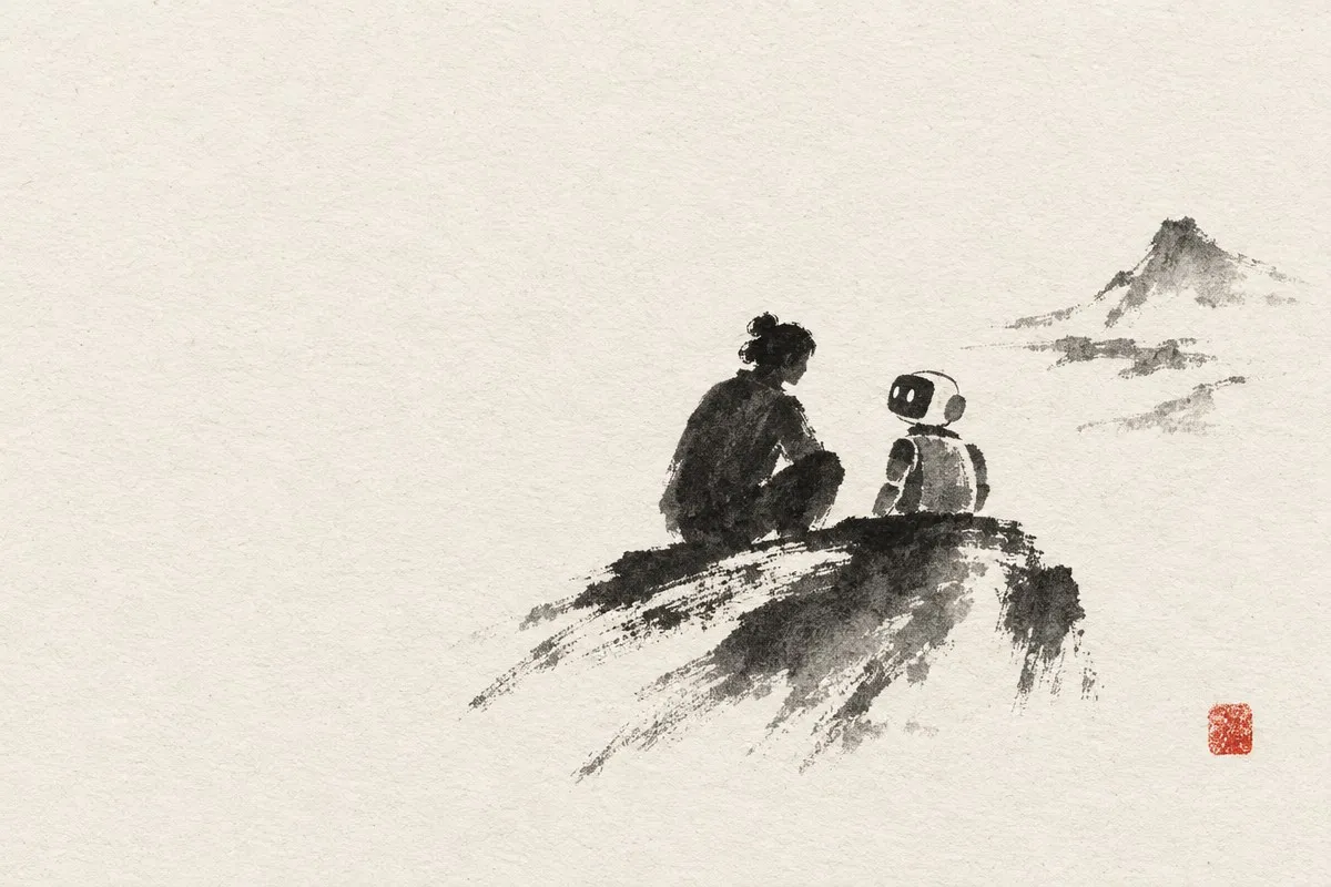 A person and a small round-headed robot sit side by side on a rocky outcrop, mountains faint in the distance, ink on pale paper.