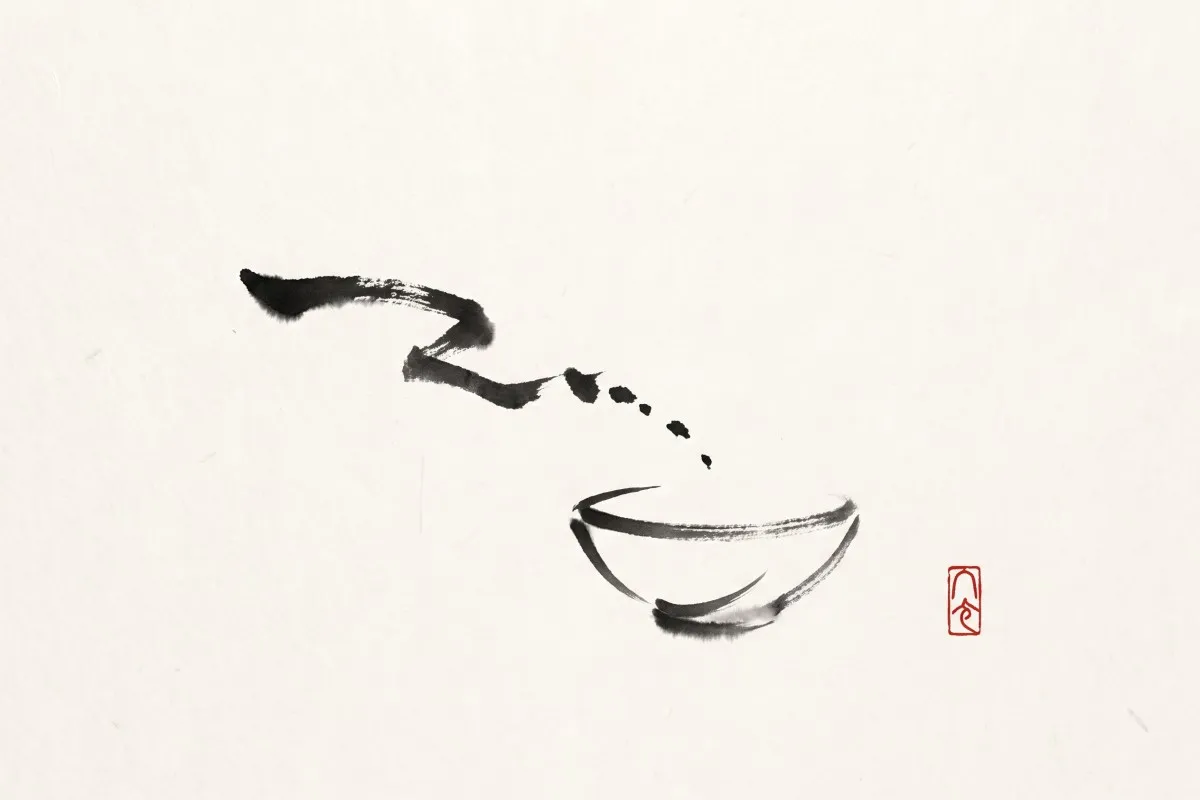 A sumi-e brushstroke of falling water breaking into separate droplets before it reaches the bowl below, with a red seal at right.