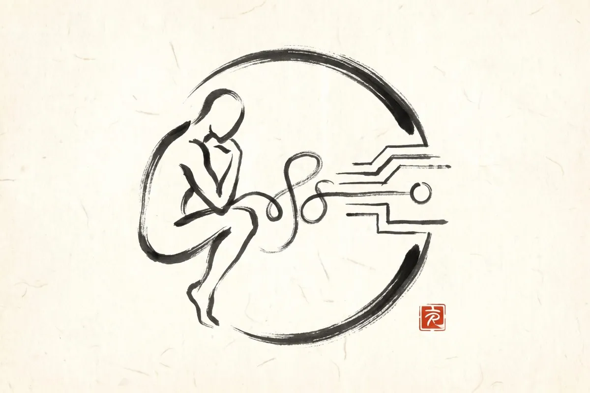 Ink brush drawing of a seated figure in an open circle, a looping line unwinding into circuit traces at right.