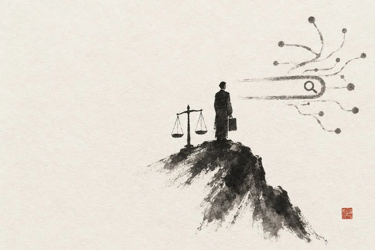 A suited figure holding a briefcase stands on a rocky peak beside a balance scale, with ink-brush lines ending in a magnifying glass and.