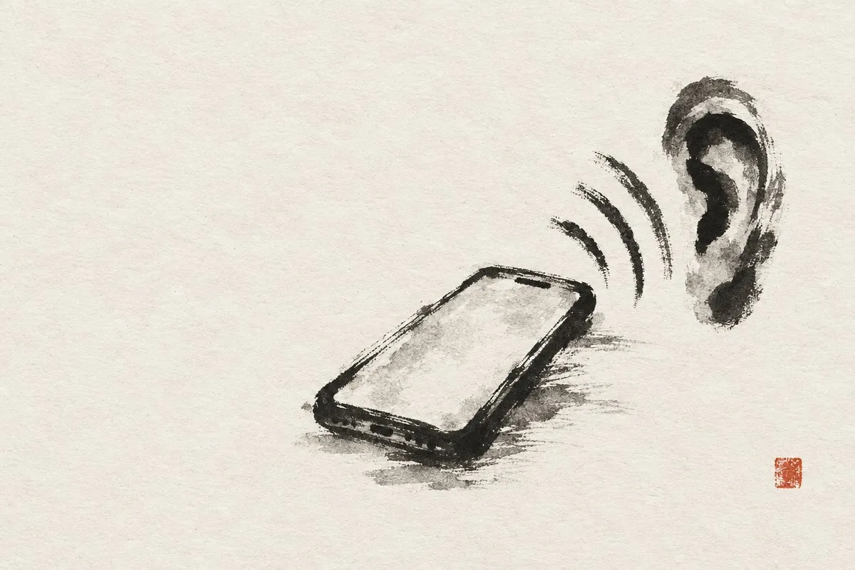 A sumi-e ink drawing of a smartphone sending curved signal waves toward a human ear on a beige washi paper background.