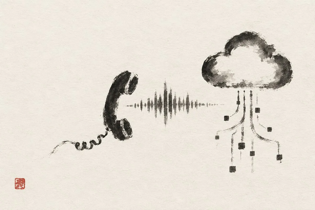 An ink drawing of a corded phone handset, a sound waveform, and a cloud trailing circuit lines.