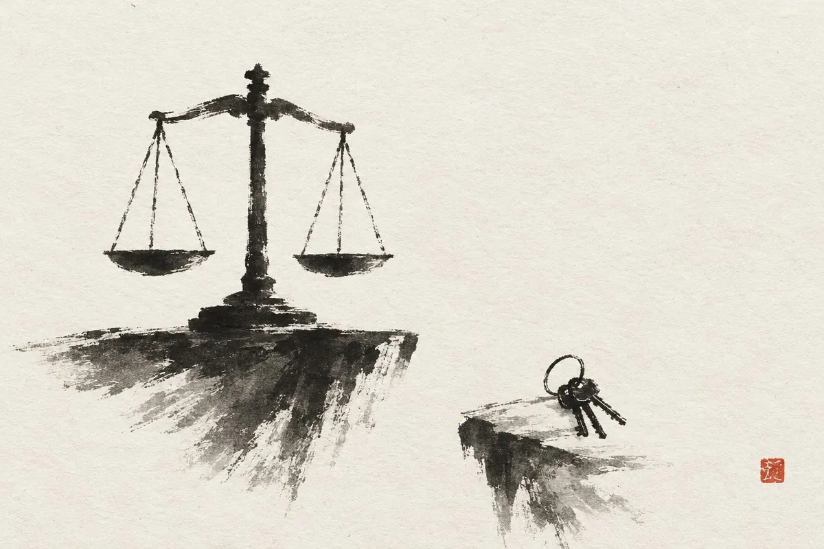 An ink painting of a balance scale on one rock ledge and a key ring resting on a separate ledge.