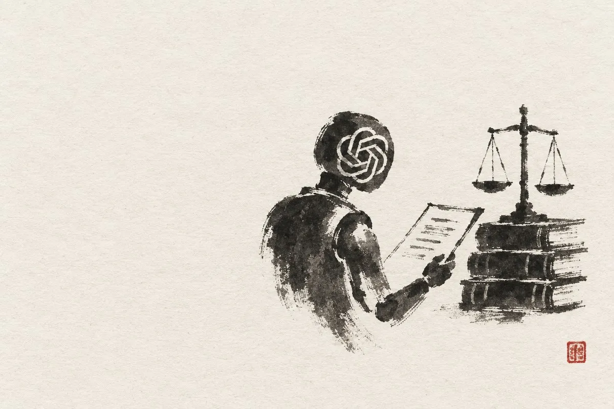 A ink-brush figure with the OpenAI logo for a head holds a document beside a stack of books topped with a balance scale.