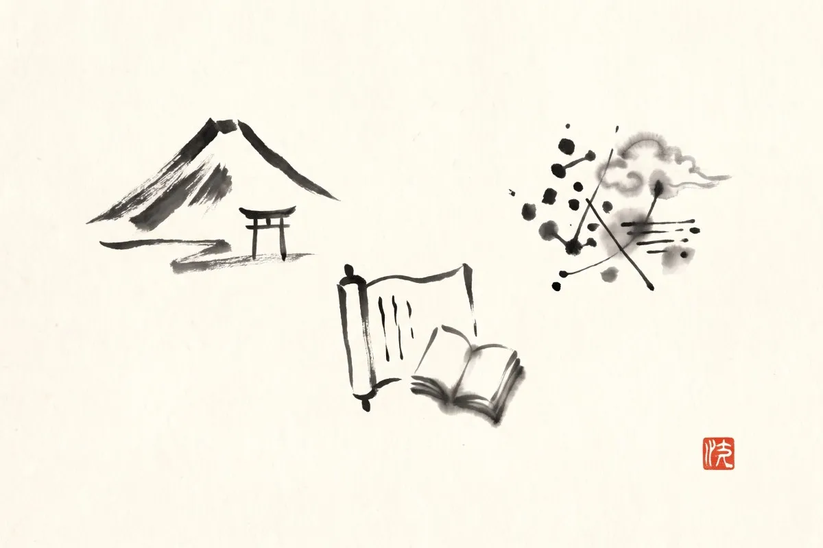 Three sumi-e motifs on washi paper: a mountain and torii gate, an open scroll and book, and a constellation of linked ink dots, with a red seal at right.