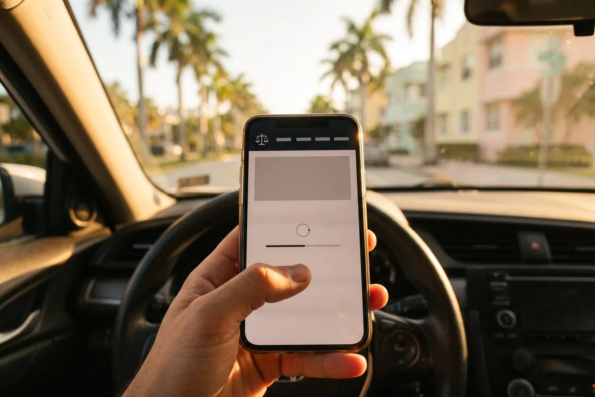 A law firm website still loading on a phone, on a sunny South Florida street.