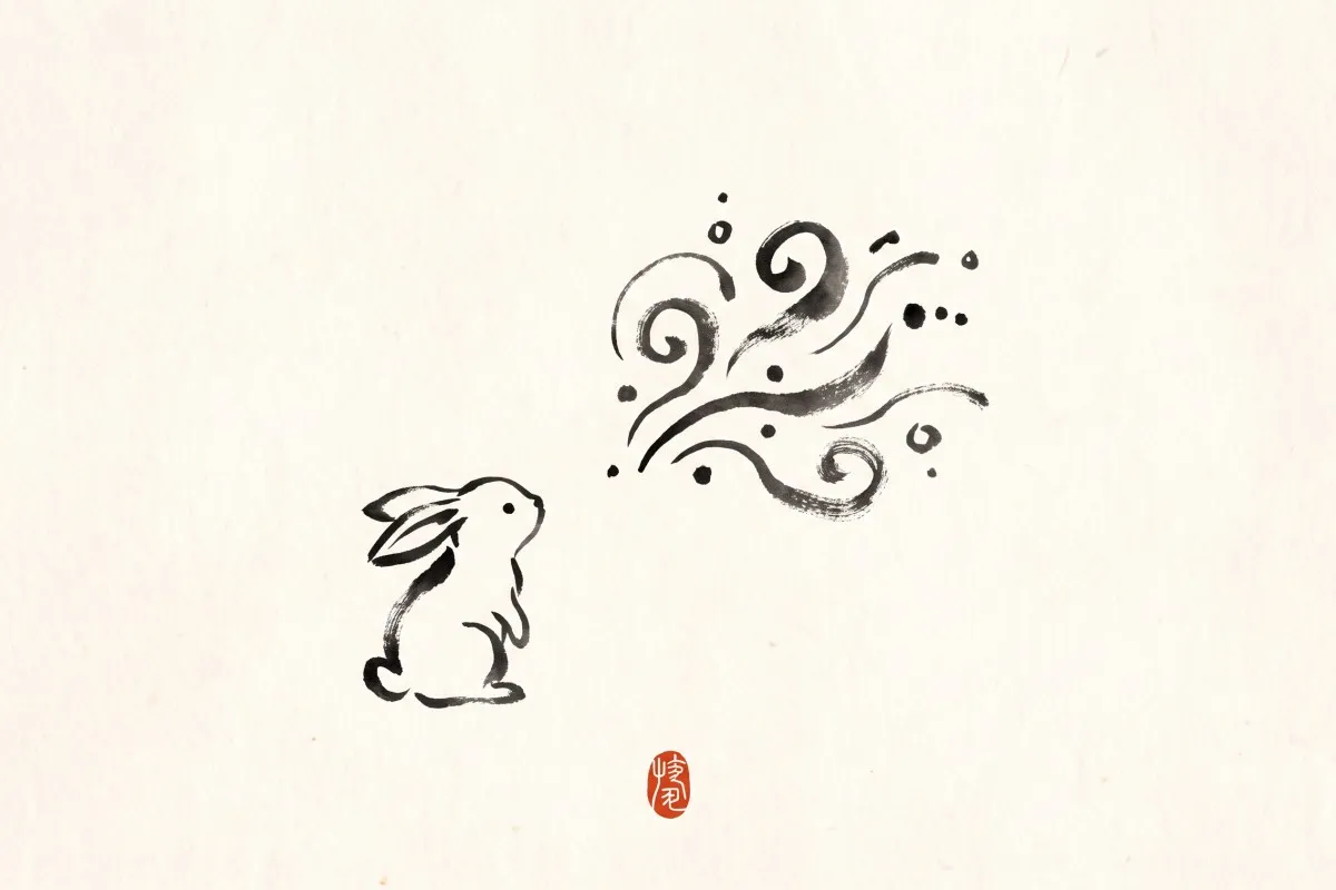 An ink-brush rabbit sits looking up at a swirling cluster of curls and dots, with a red seal below.