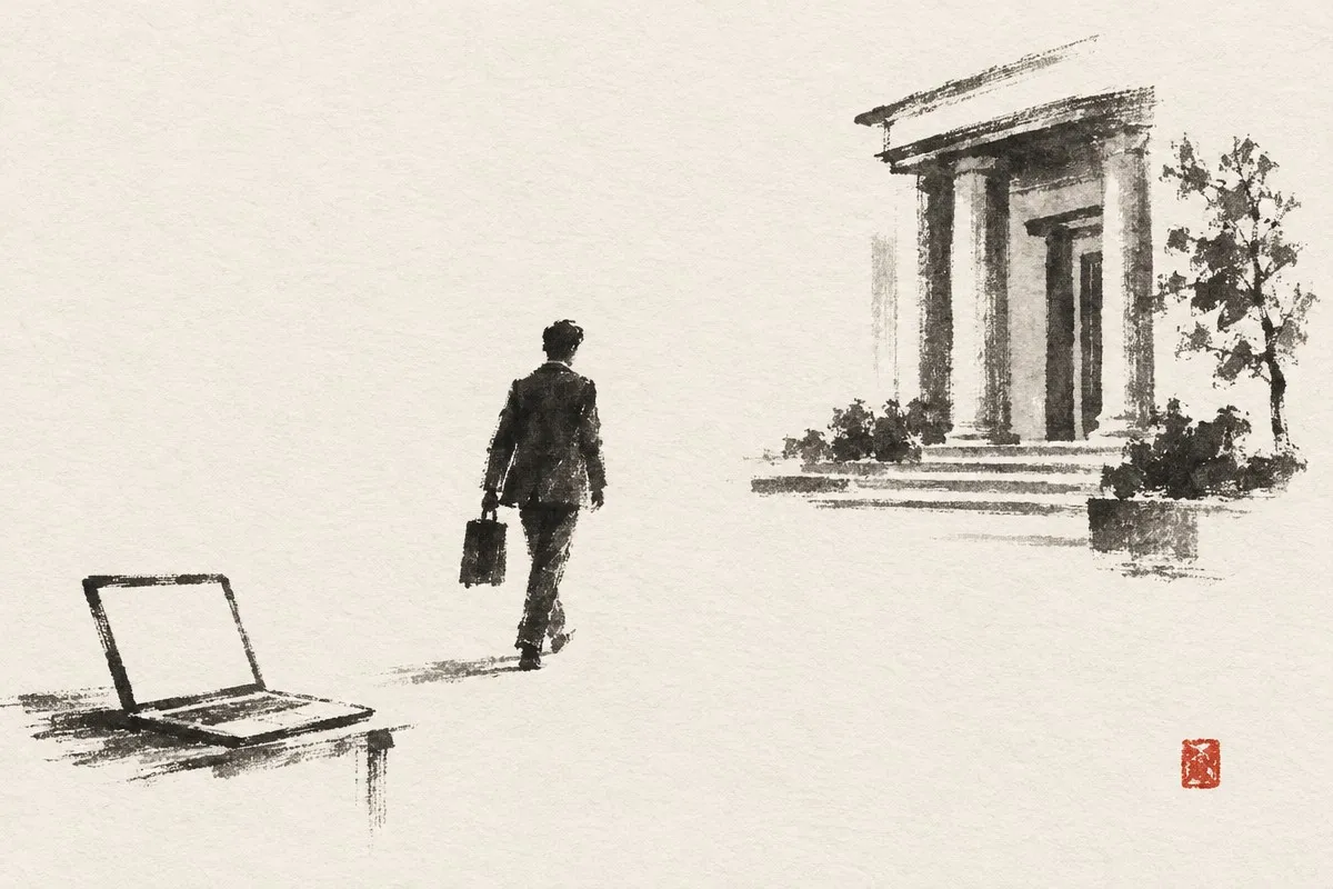 Ink sketch: a person with a briefcase walks away from an open laptop toward a columned building.