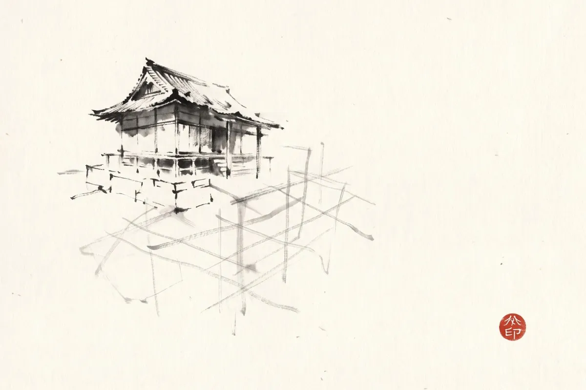 Ink painting of a tiled wooden temple on a stone base, with faint scaffold-like lines below and a red seal.