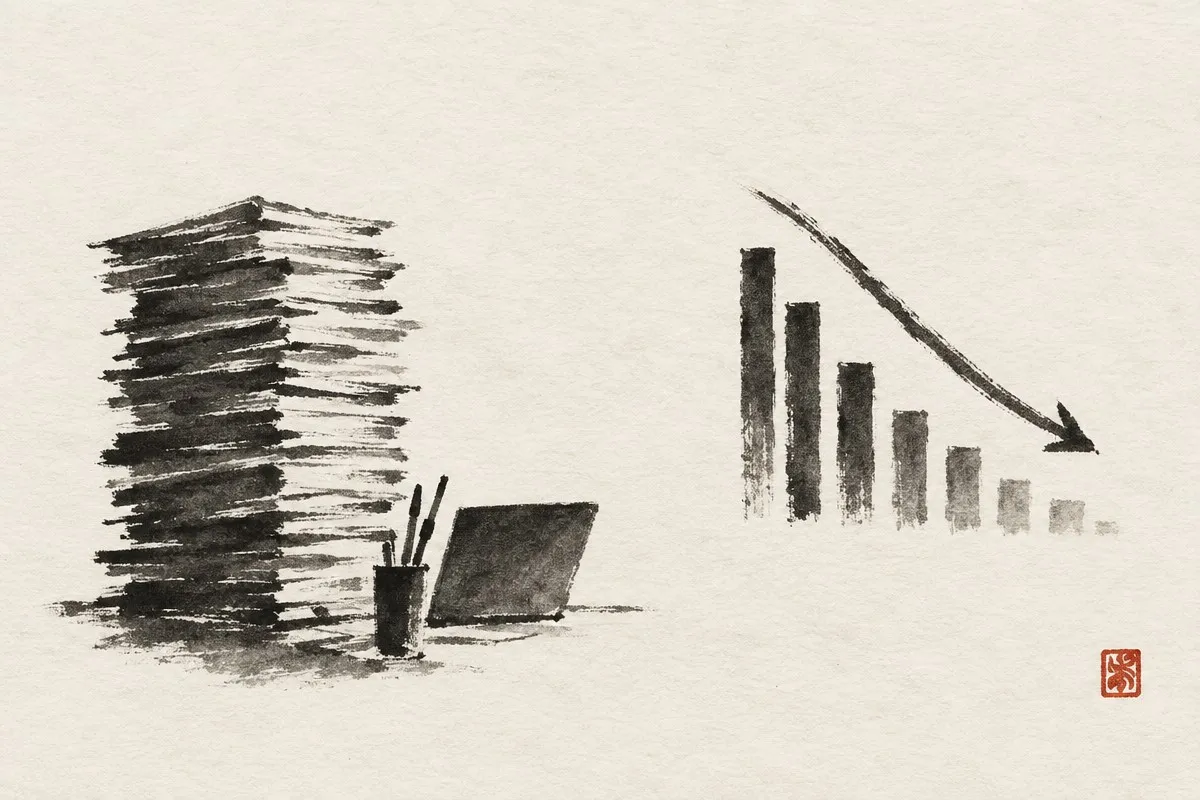 A tall stack of papers beside a laptop and pen cup, next to a bar chart with a descending arrow, rendered in black ink on cream paper.