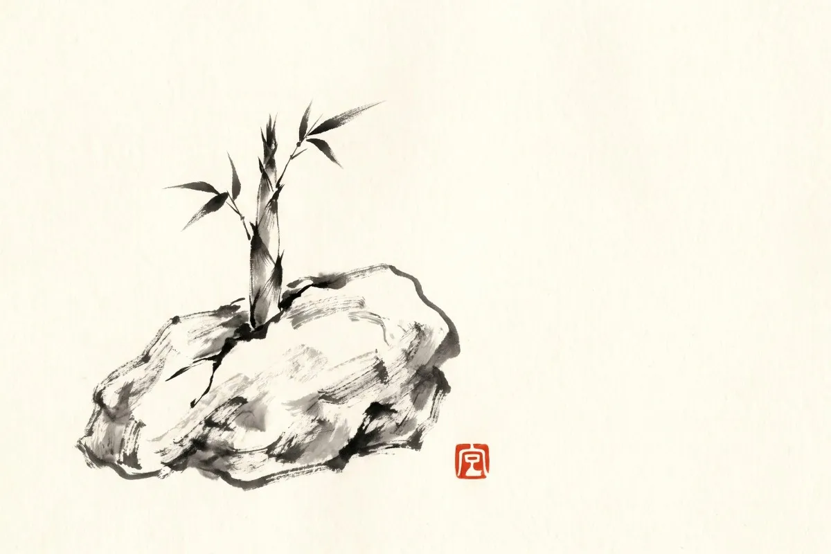 An ink painting of a small bamboo shoot growing from a cracked grey rock, with a red seal stamp beside it.