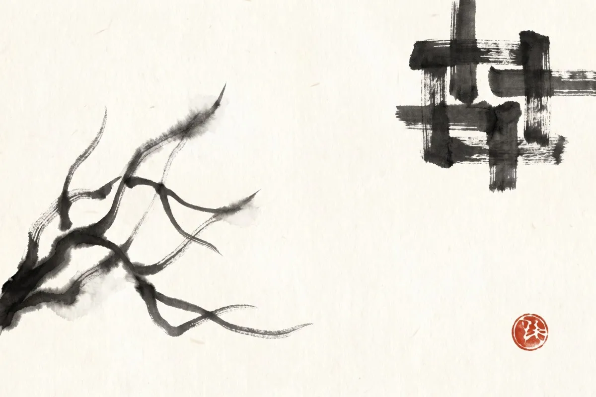 A bare ink-brush branch at left and a stiff black grid of crossed strokes at right, with a red seal below.