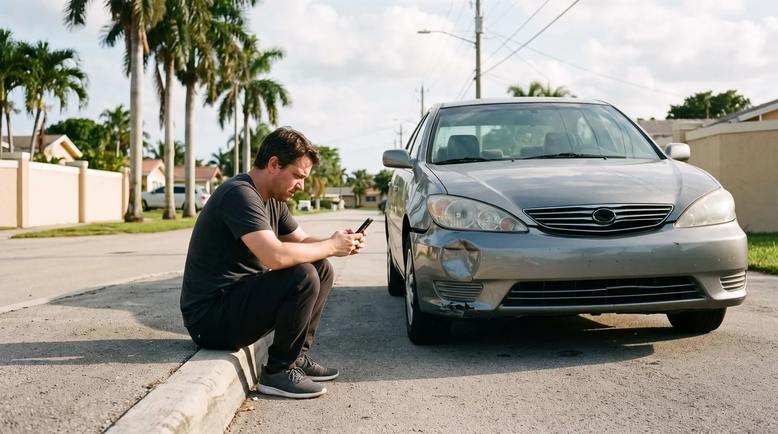 A driver sits on the curb beside a car with a dented bumper on a palm-lined South Florida street, waiting on a phone that is still loading a web page