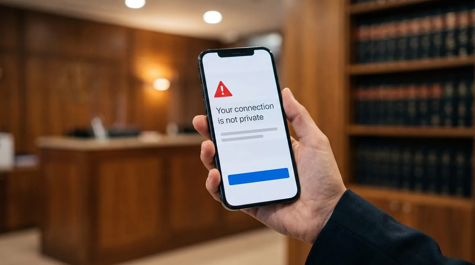 A phone in a law office lobby shows a full-page browser warning that reads “Your connection is not private” instead of the firm’s website
