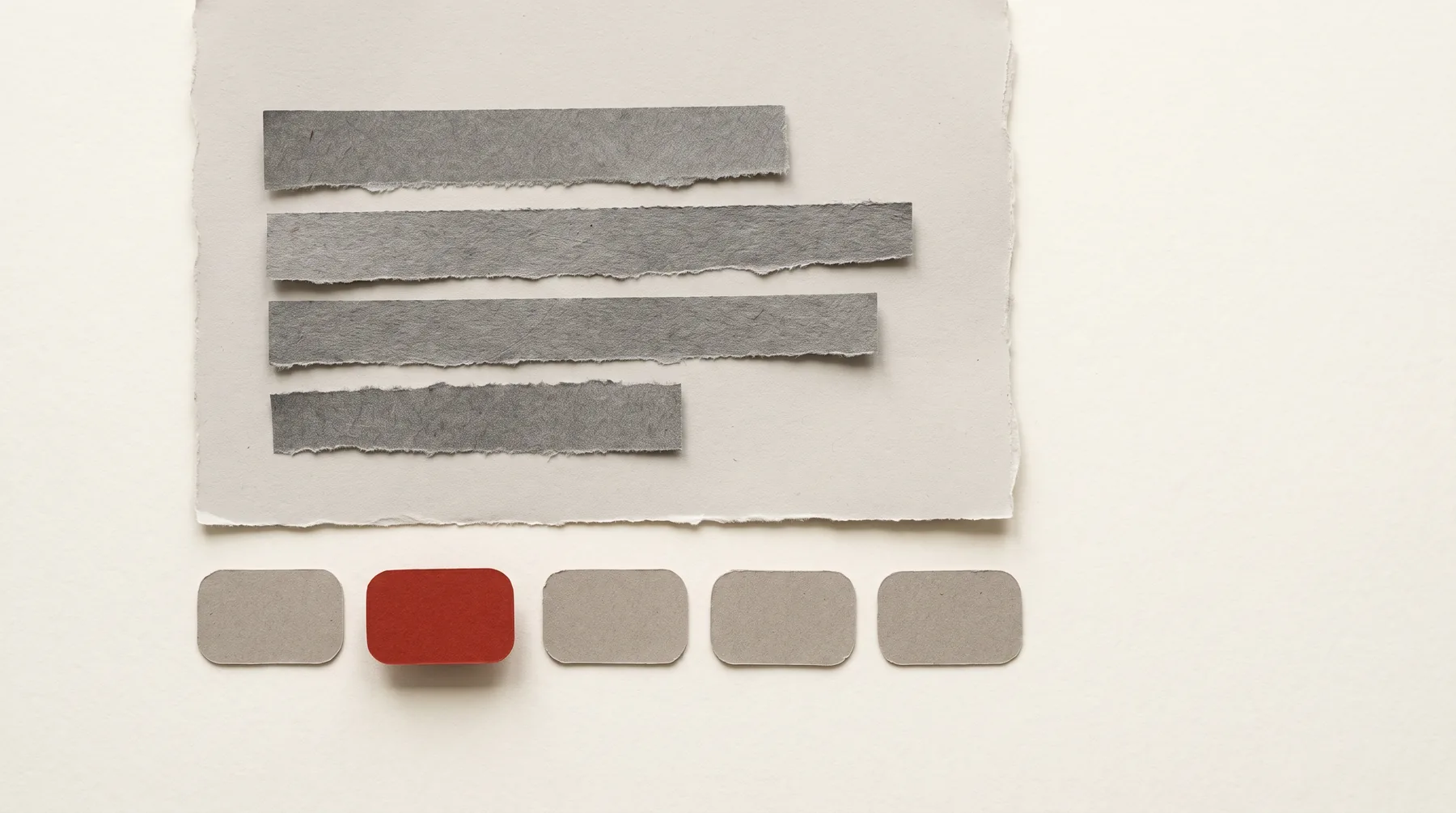 A cut-paper collage of a generated answer: torn paper strips standing in for lines of text, above a row of five citation chips. One chip is cut from vermillion paper and sits slightly raised above the rest.