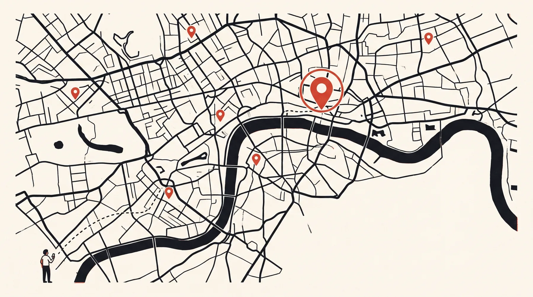 A risograph-style street map printed in charcoal on ivory paper. Small vermillion location pins mark law firms across several neighbourhoods, one of them ringed to mark the firm being found, and a dashed path runs to it from a small figure holding a phone at the edge of the map.