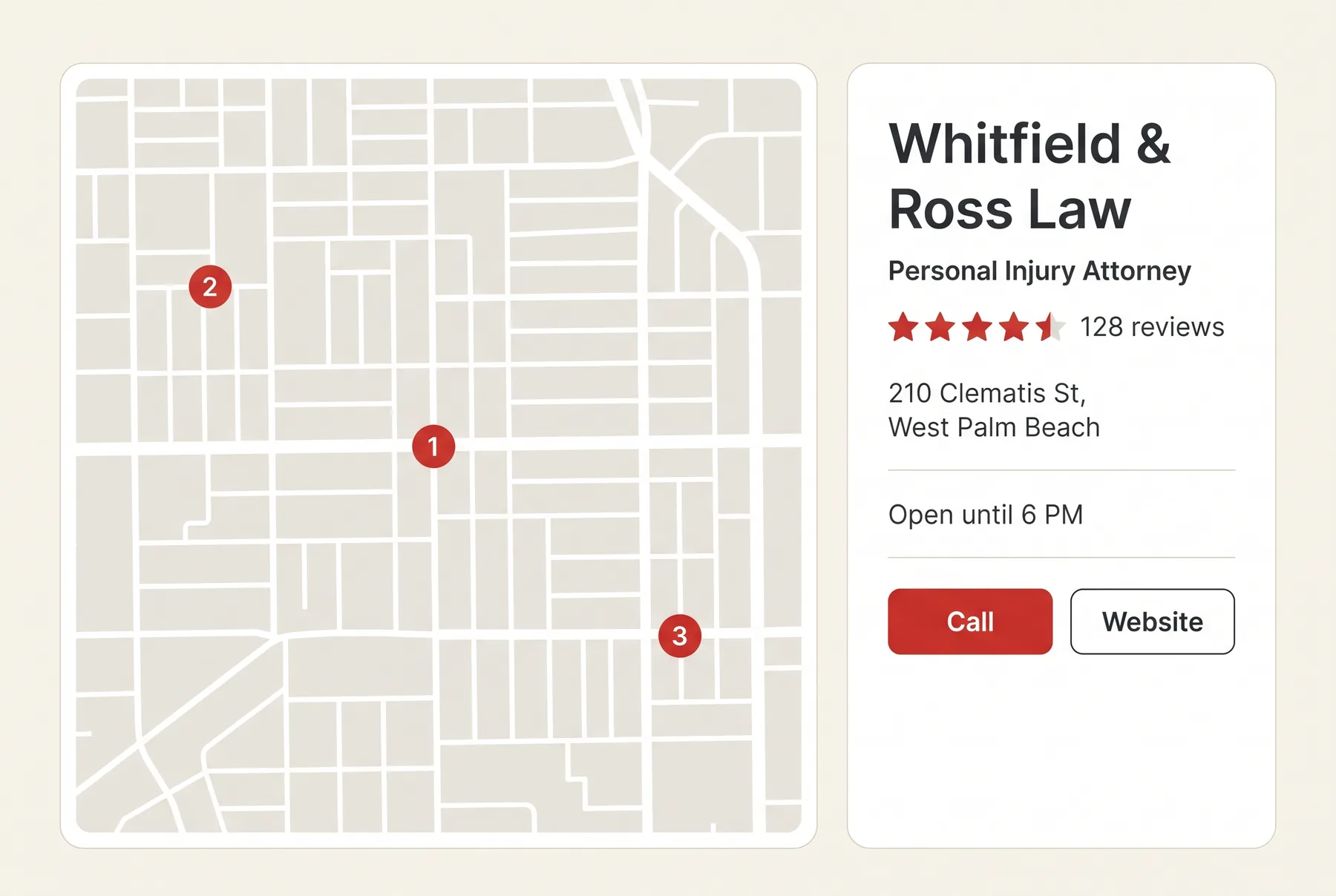A local maps result beside a business profile card for a fictional firm, Whitfield & Ross Law, showing its practice area, review rating, address, opening hours, and Call and Website buttons.