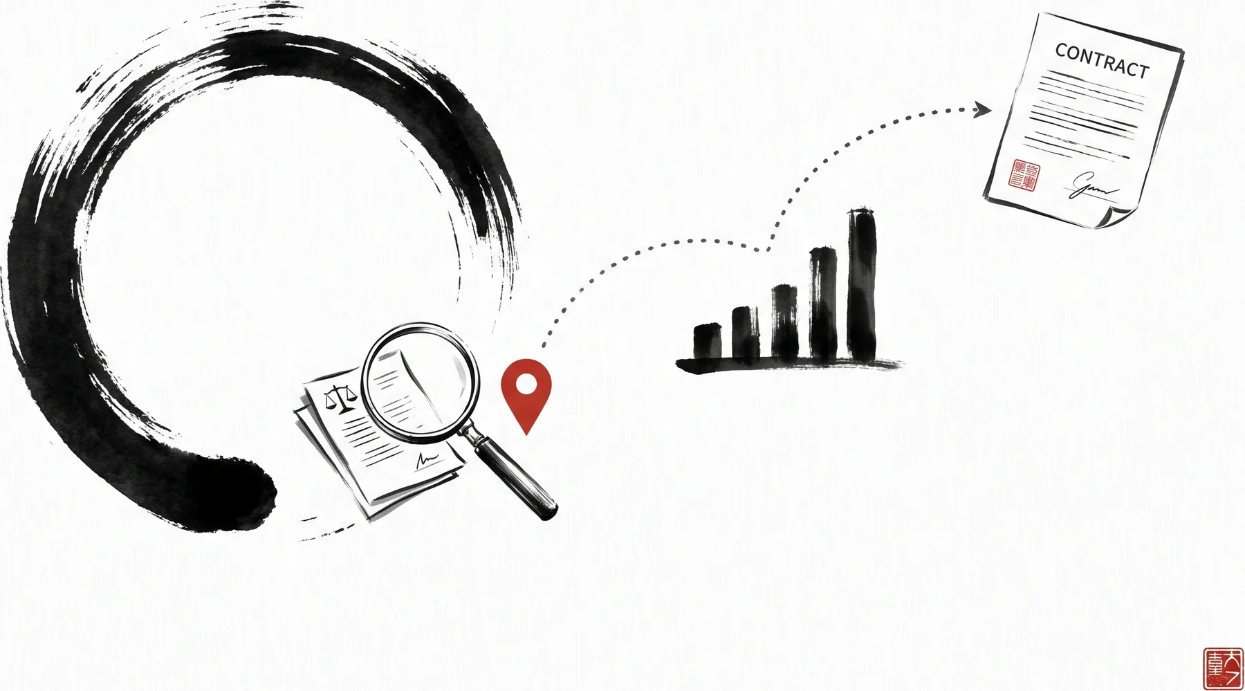 A sumi-e enso frames the path from legal search to a signed case: a magnifying glass over legal documents, rising ranking bars, and a signed contract stamped with a red seal.