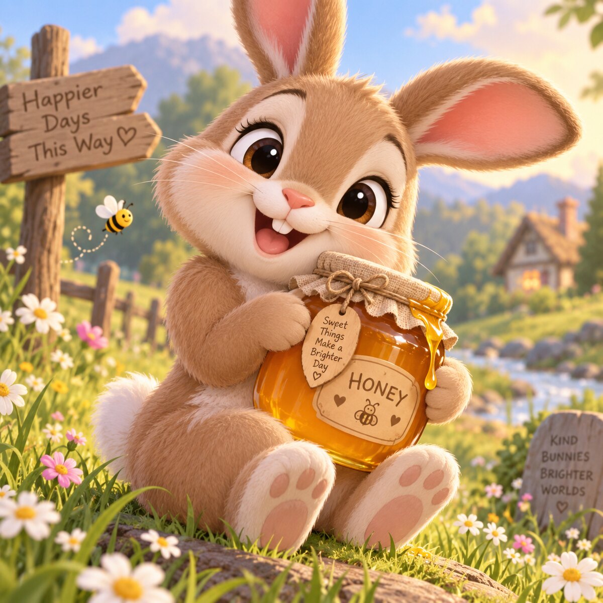 Honey Honey Sweet Bunny: a cheerful cartoon bunny hugging a jar of honey in a sunny meadow.