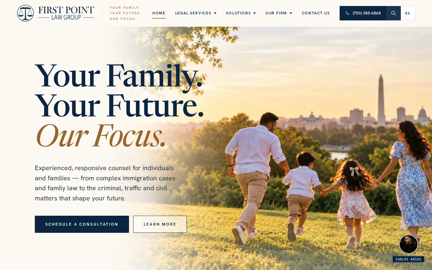 The new First Point Law Group home page on desktop, headed Your Family. Your Future. Our Focus.