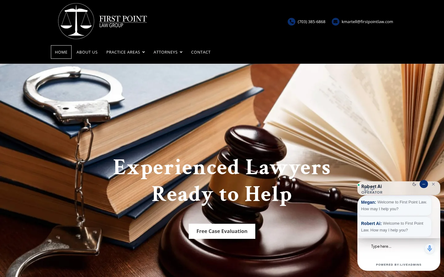 The old First Point Law Group home page on desktop: a WordPress and Elementor site headed Experienced Lawyers Ready to Help, with a chat widget open